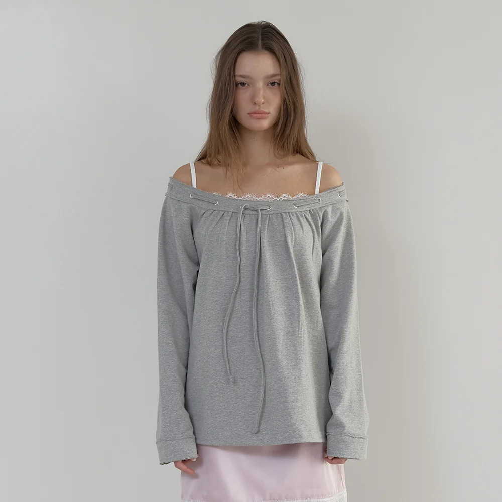 ROUGH EYELET OFF SHOULDER T (MELANGE GREY)