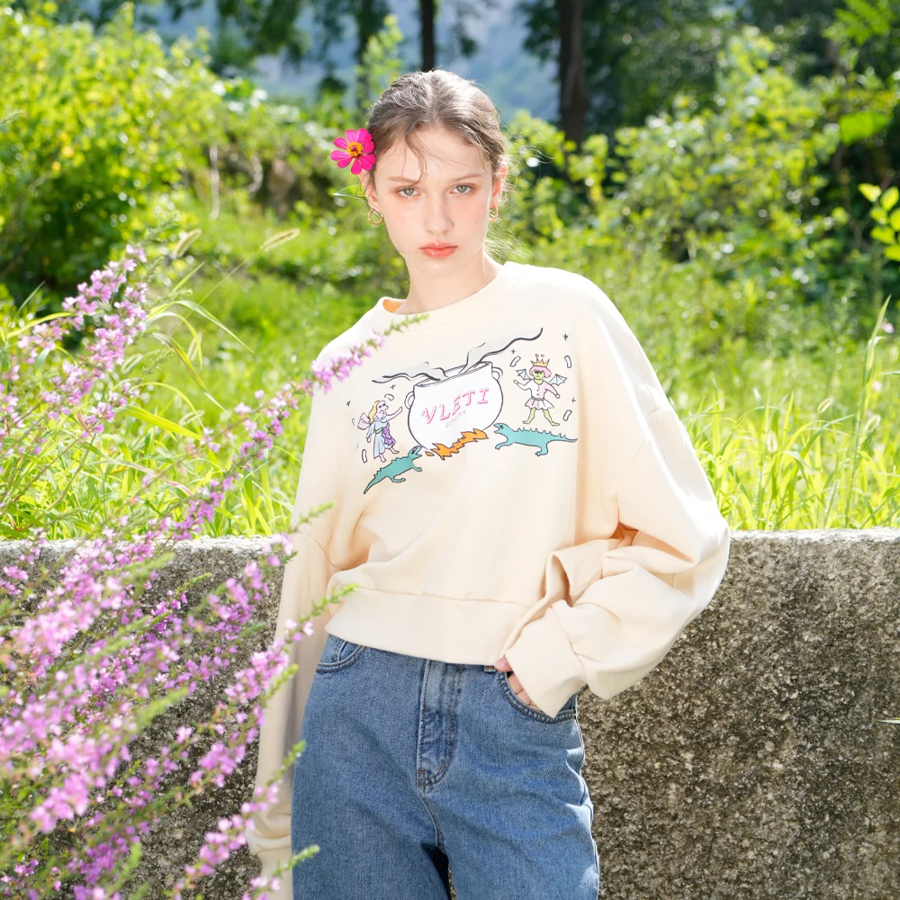 Art Work Printing Crop Sweatshirt (Light beige)
