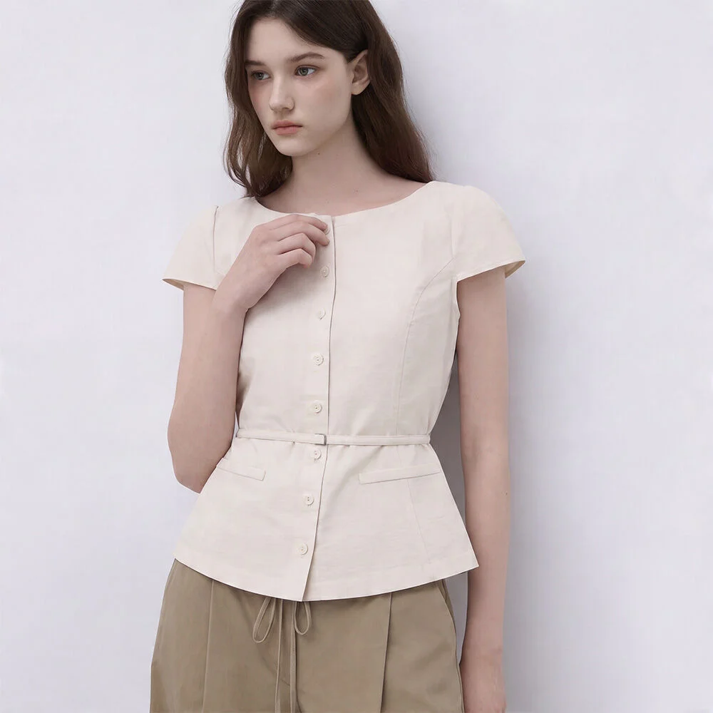it MICHA 束帶 鈕扣 荷葉下擺 雪紡衫 ITQ5ZBL970 (LIGHT BEIGE)