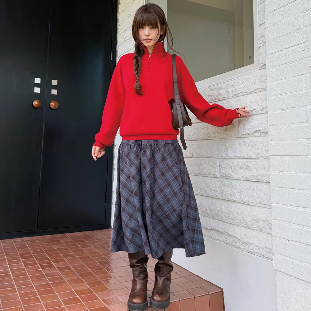 CHECK SHIRRING LONG SKIRT BLUE
