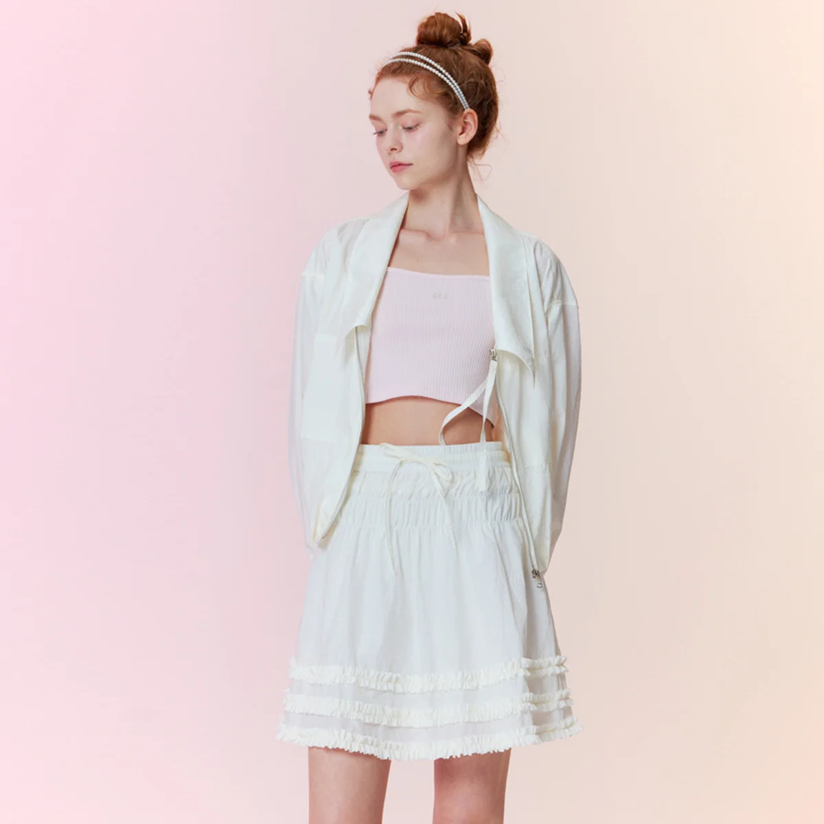 Shining shirring mini skirt_White