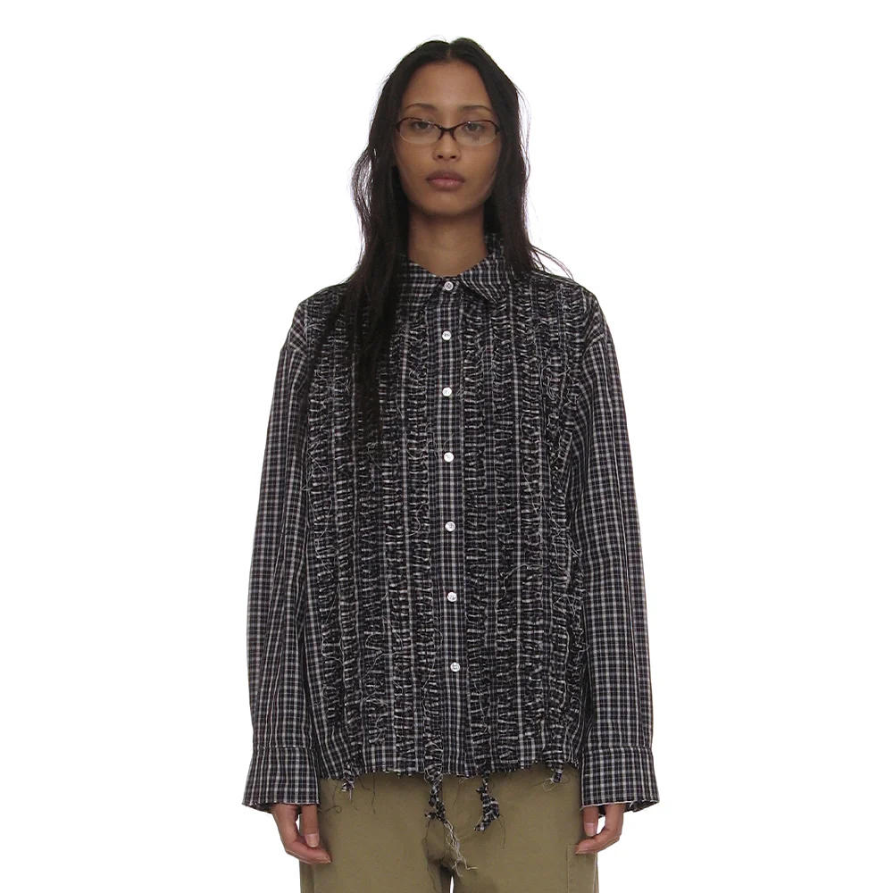CUT-OFF FRILL TRIM SHIRT_NAVY CHECK