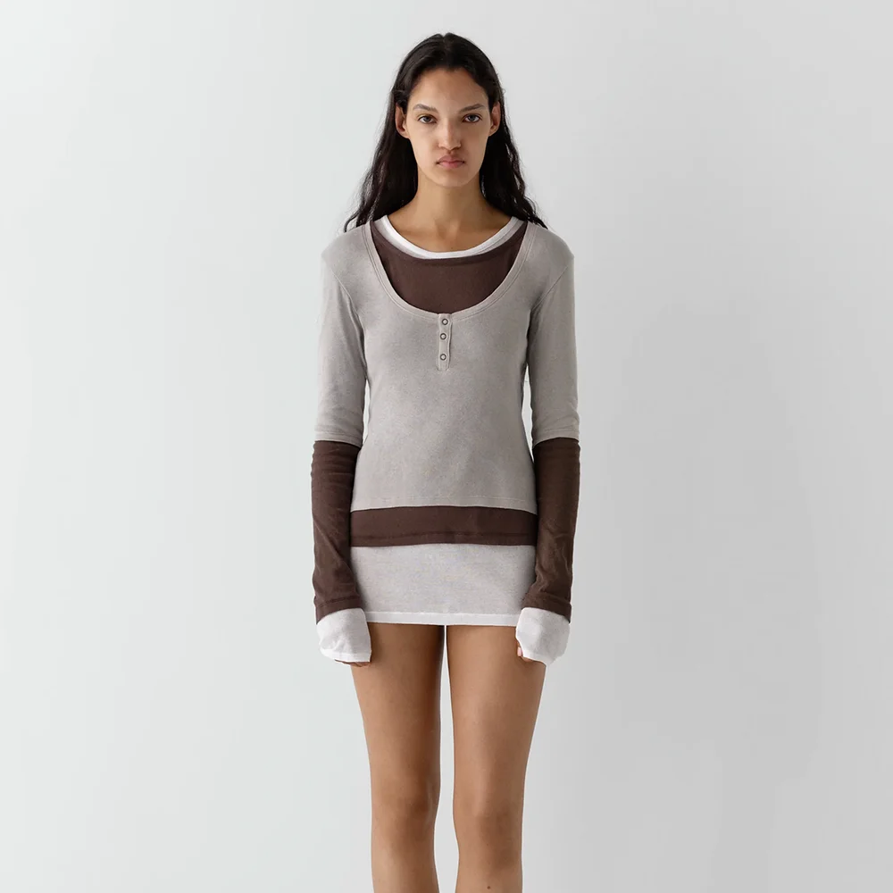 (W) GEMMA MINI DRESS (BROWN / WHITE)