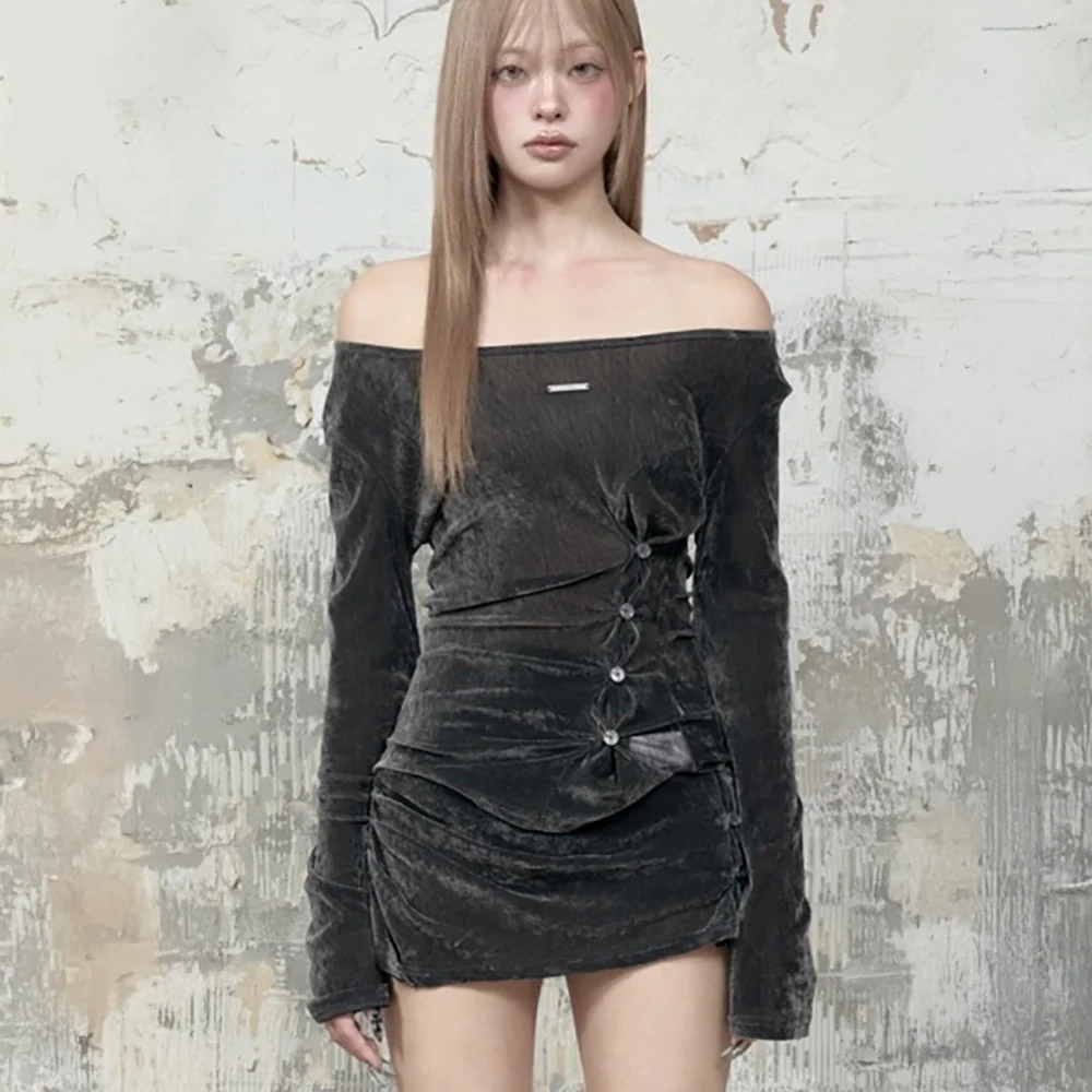Velvet Button Shirring Slim Long Sleeve (Charcoal)
