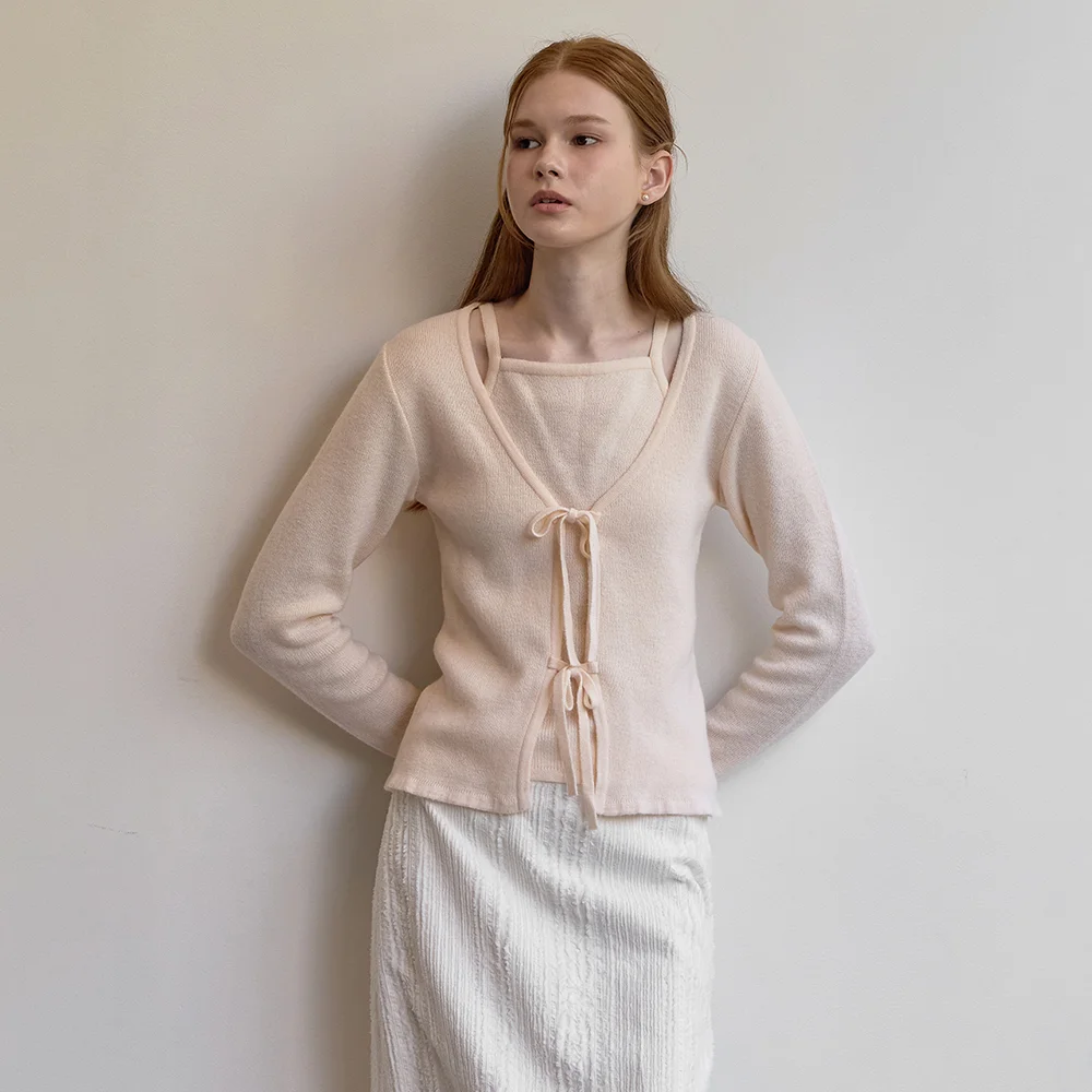 Ribbon layered cardigan - Pearled ivory