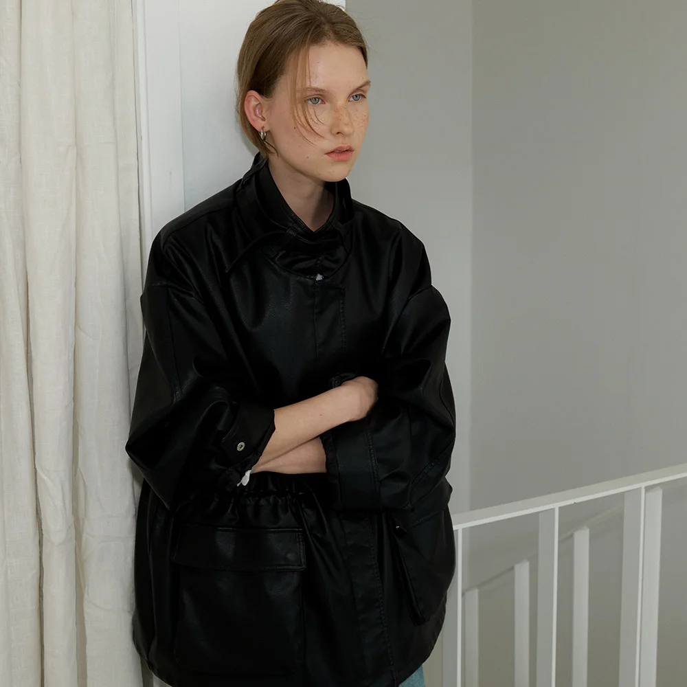 Double snap button over-fit leather jacket_black