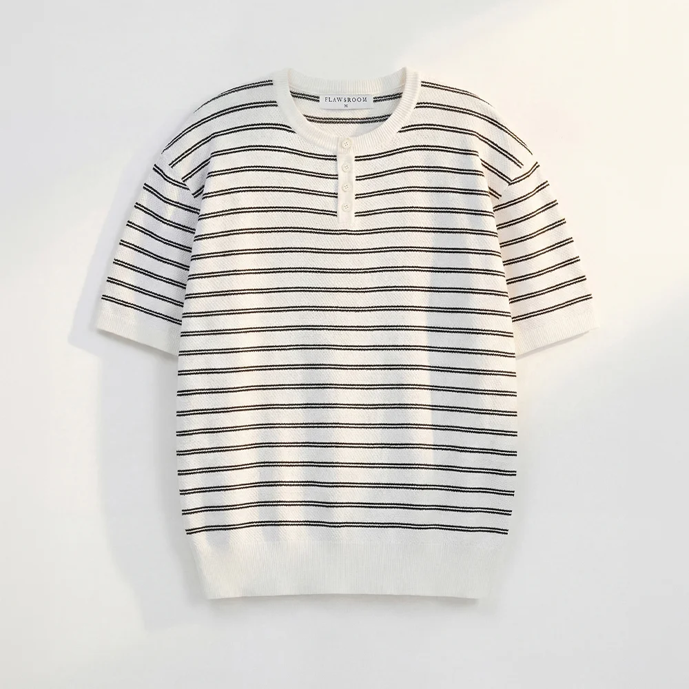 Stripe Henleyneck Cotton Knit IVORY