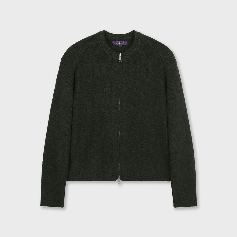 CREW NECK SHORT ZIP-UP CARDIGAN DARK GREEN