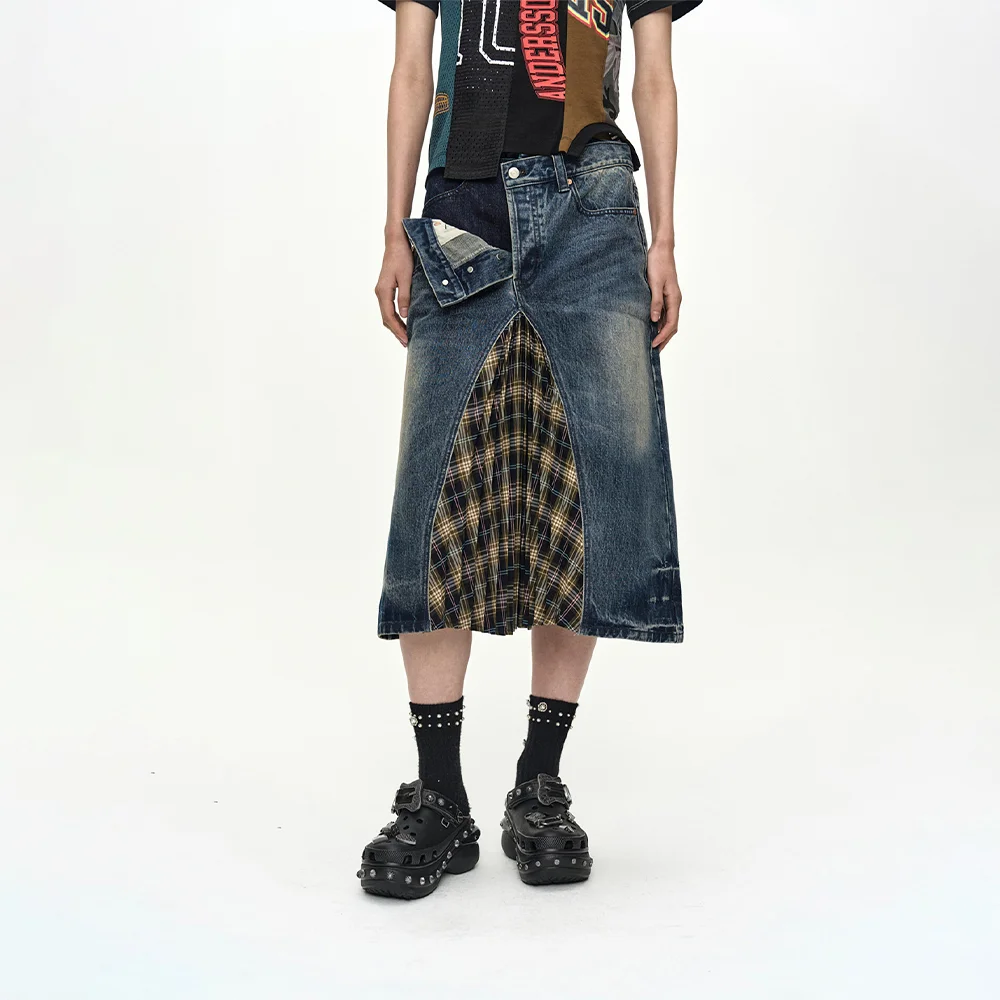PLEATS COMBO FLIPPED DENIM SKIRT apa887w(BLUE)