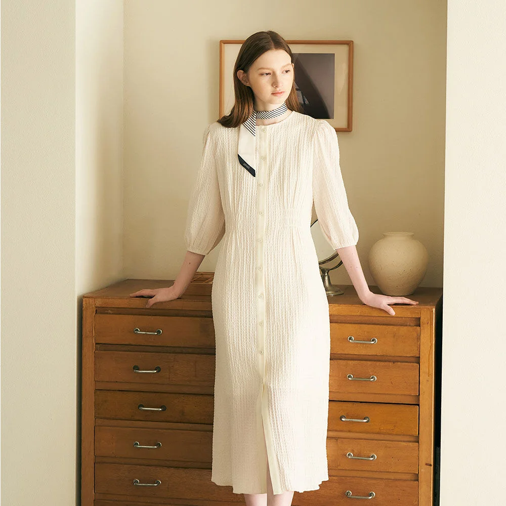 Seersucker shirring long dress - ivory