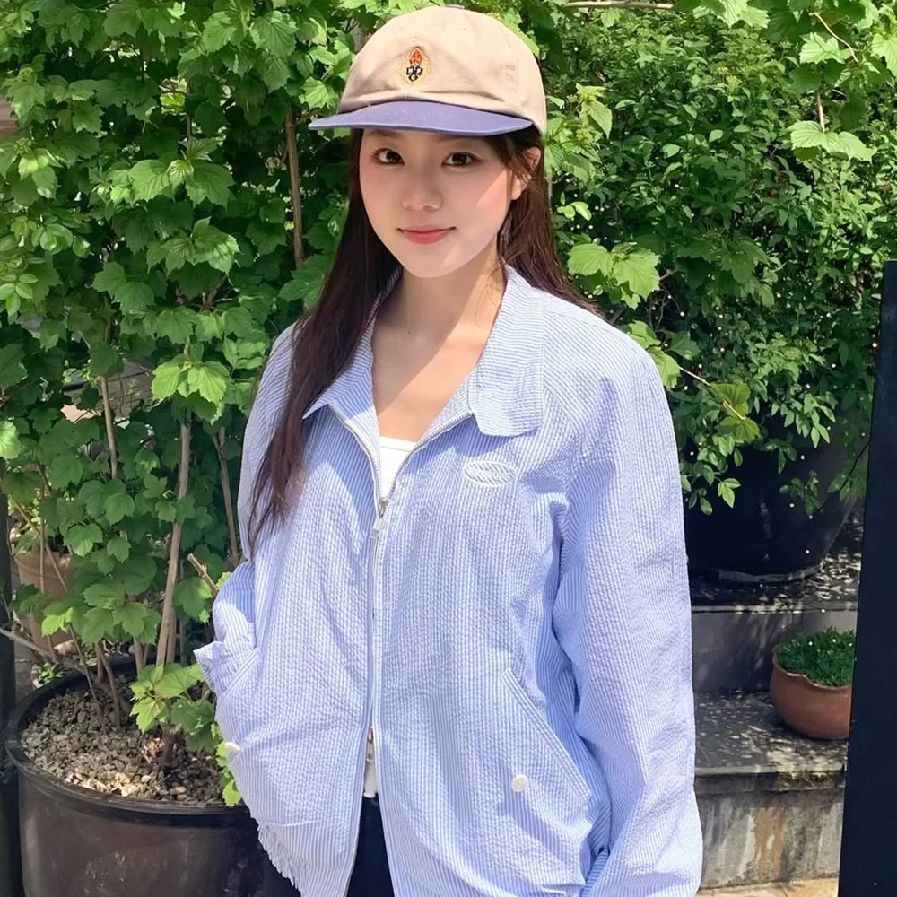 女裝 條紋 泡泡紗 短身外套 外套 Blue