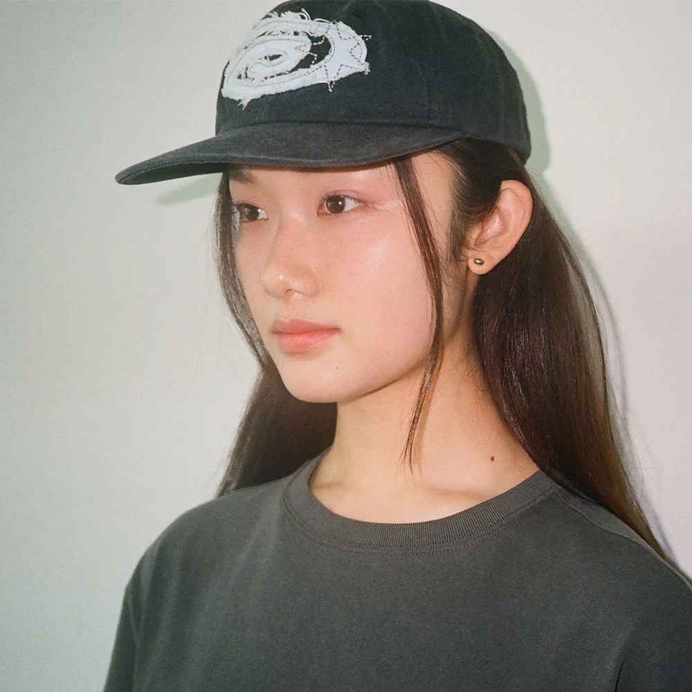 Denim Applique Washed Ball Cap_Black