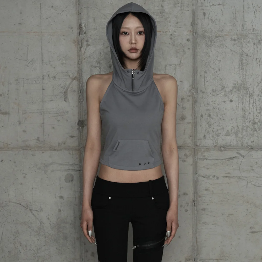 Zipper Halter Turtleneck Point Pocket Hoodie (Gray)