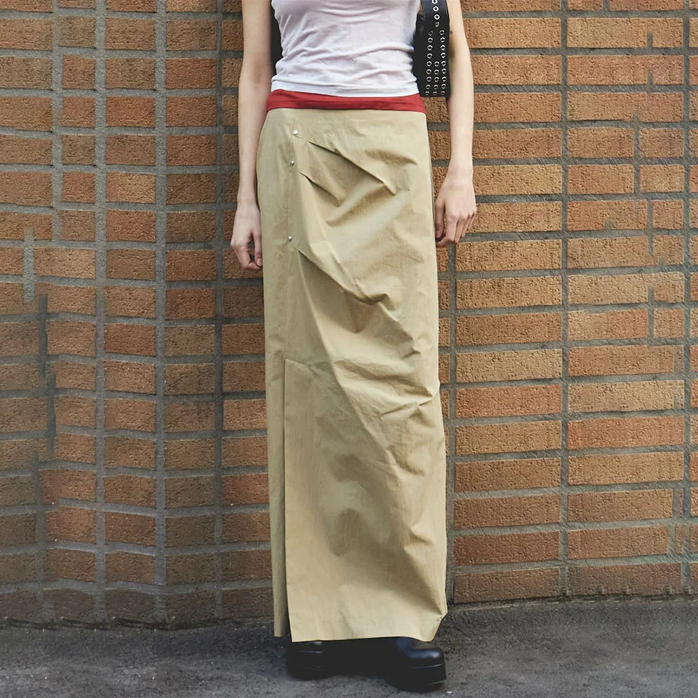 (W) SIDE SLIT TUCK TIGHT SKIRT (BEIGE)