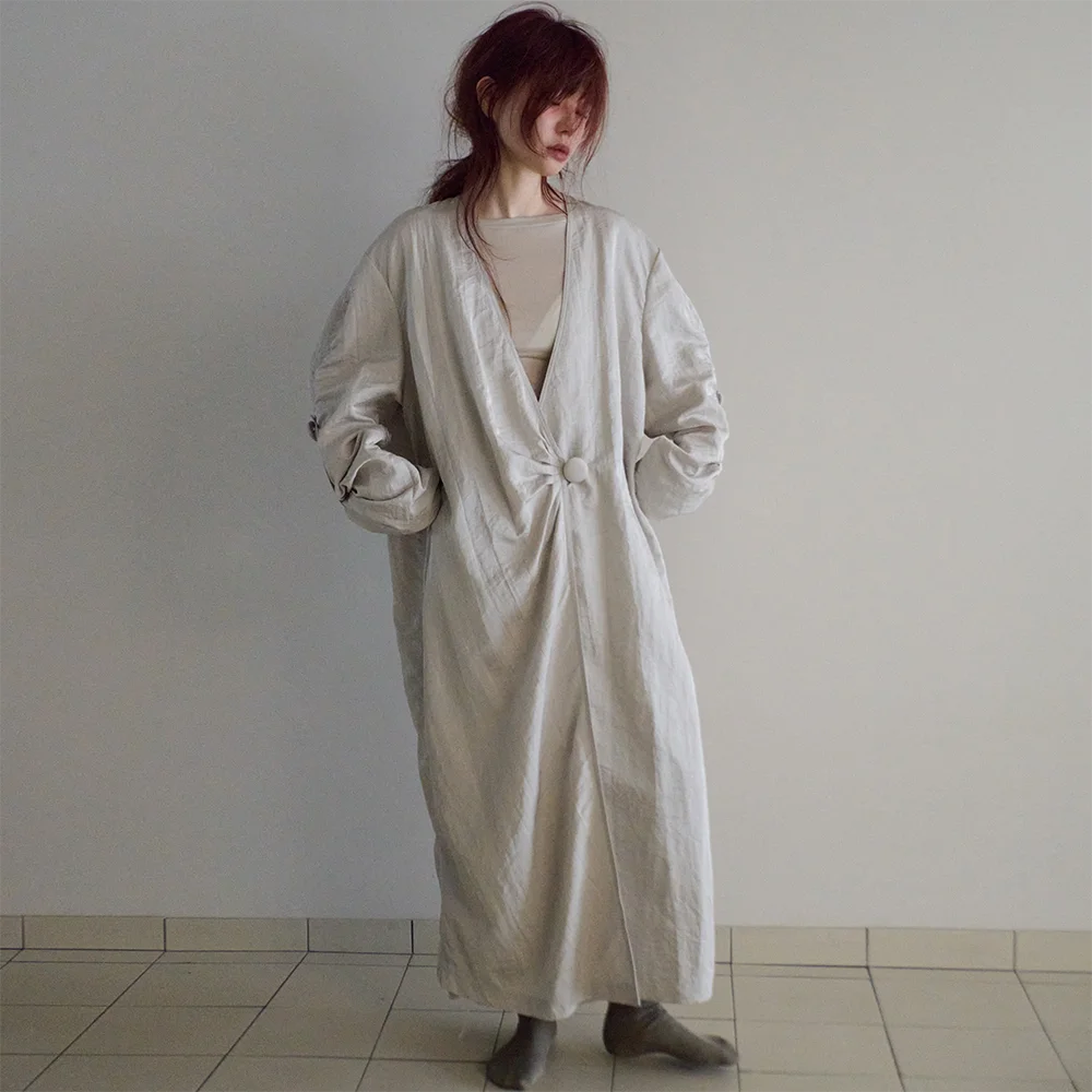 one-button shirred trench coat