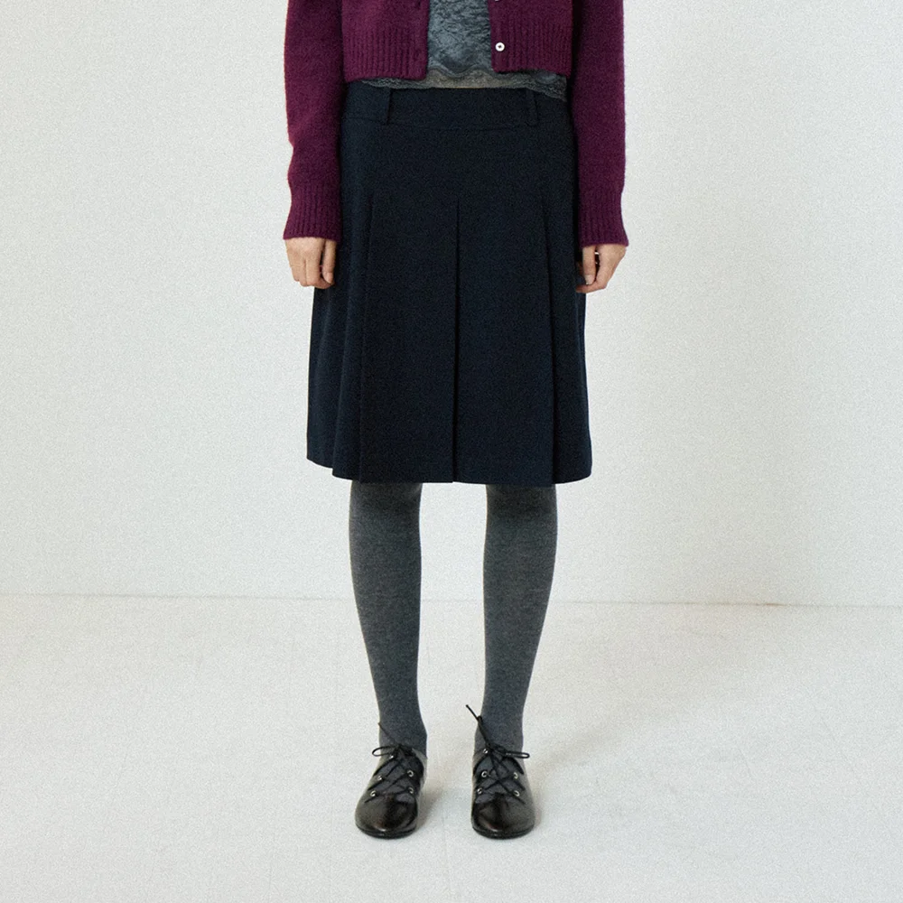FLANNEL BOX PLEATED SKIRT (NAVY)