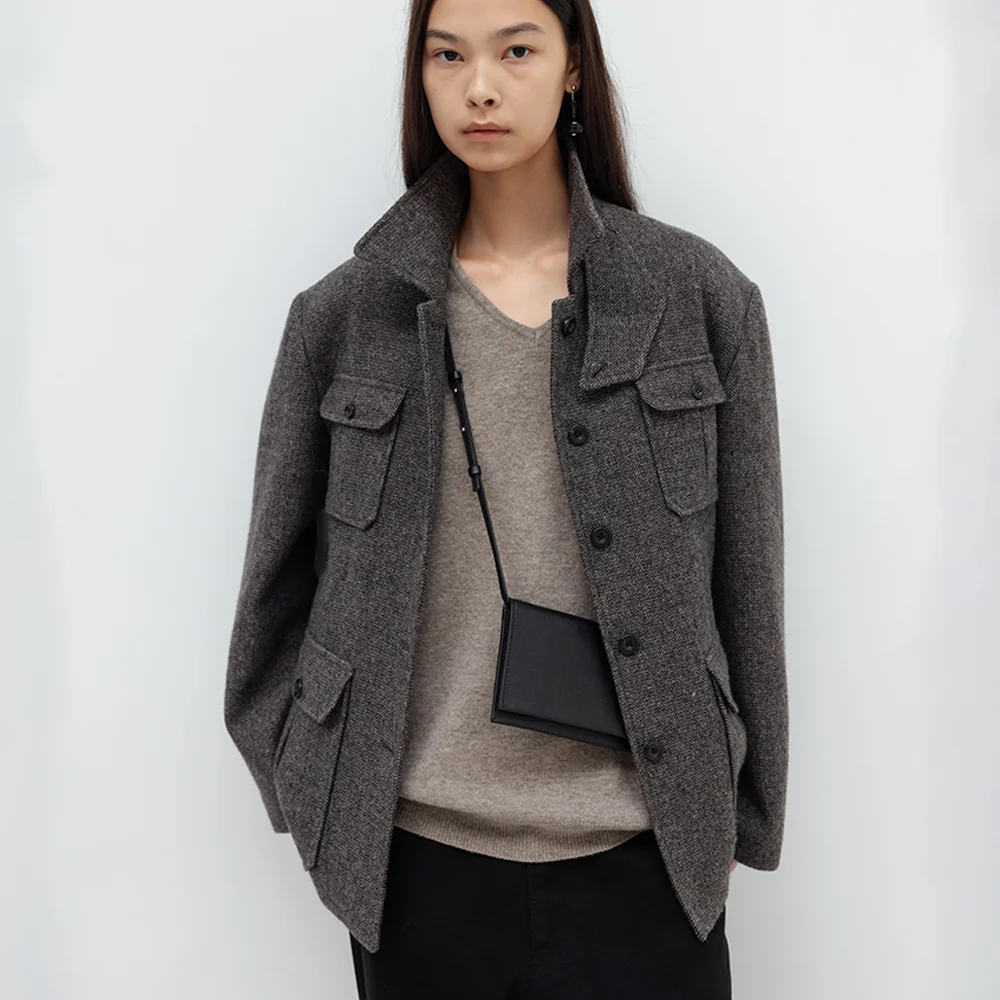 Wool Pocket Herringbone Jacket (Melange Brown)
