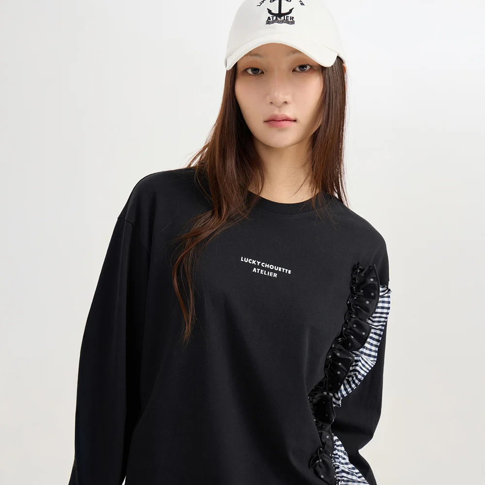 Woven Frill Long Sleeve T-shirts (black) LFTAM26840BKX
