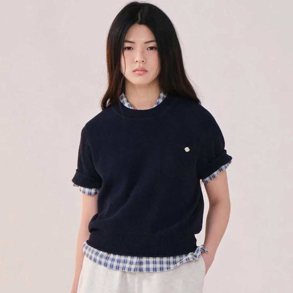 女裝 圓領 圈圈紗 短袖 針織衫 Navy