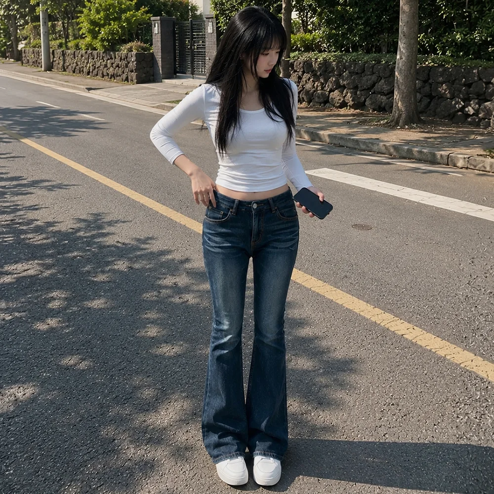 修身 靴型 牛仔 褲子 深 藍色