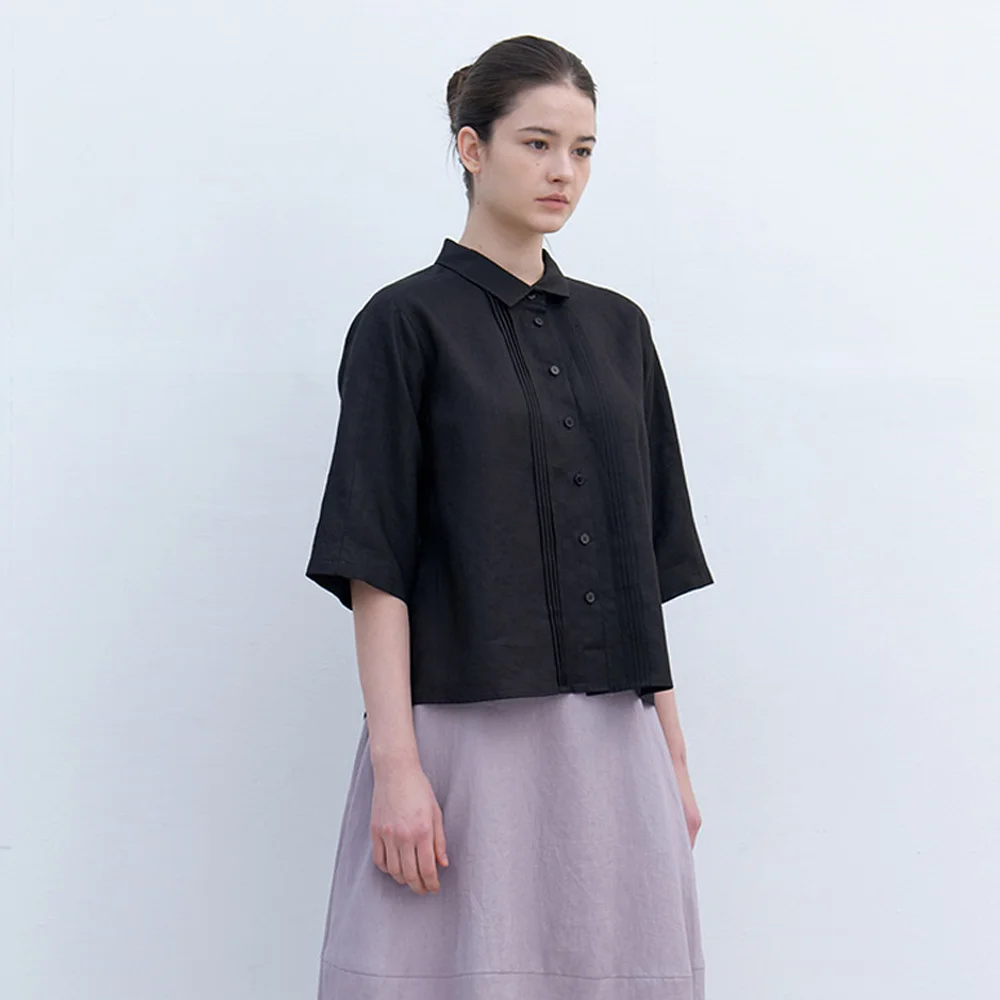 linen pintuck blouse-black