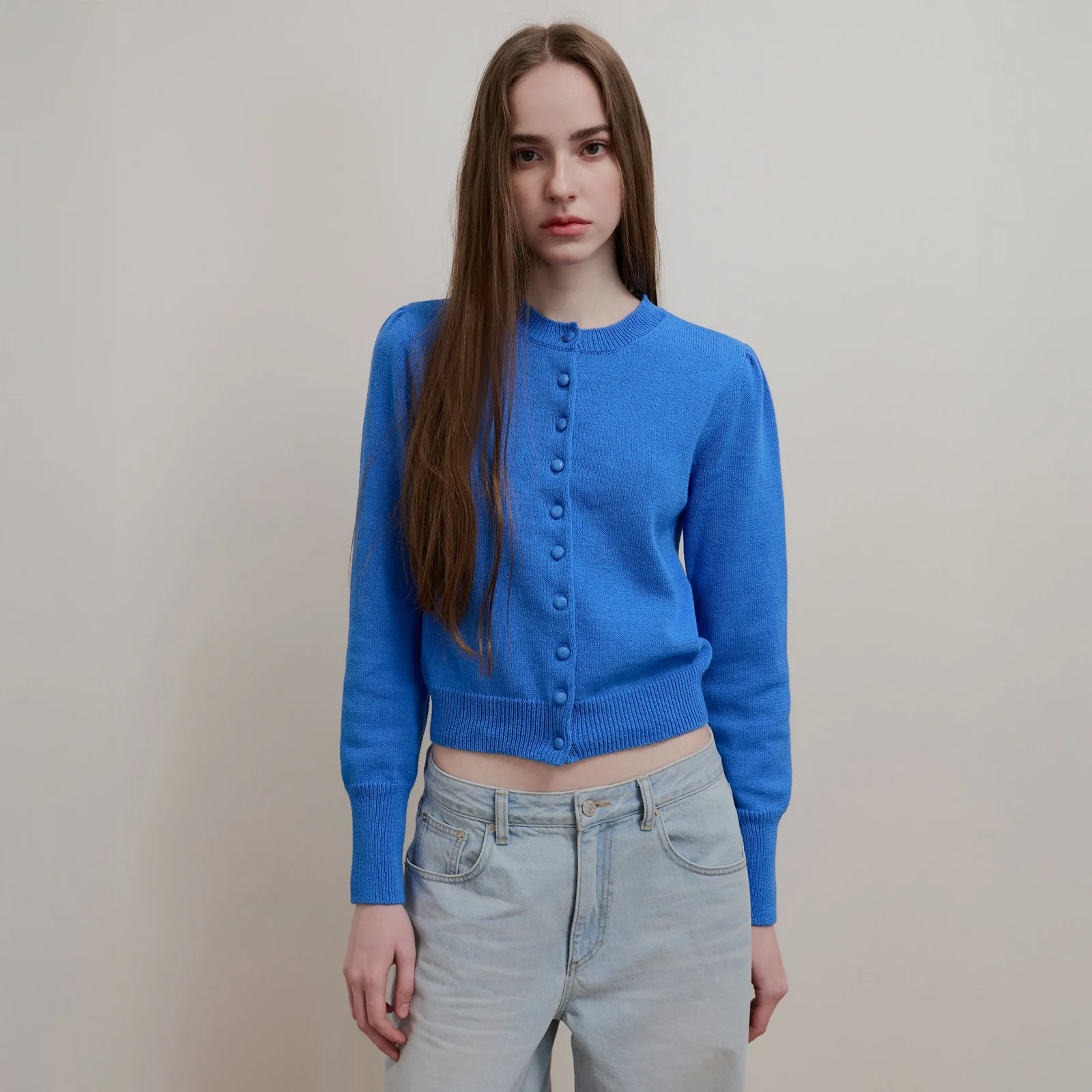 COVERED BUTTON PUFF CARDIGAN - BLUE