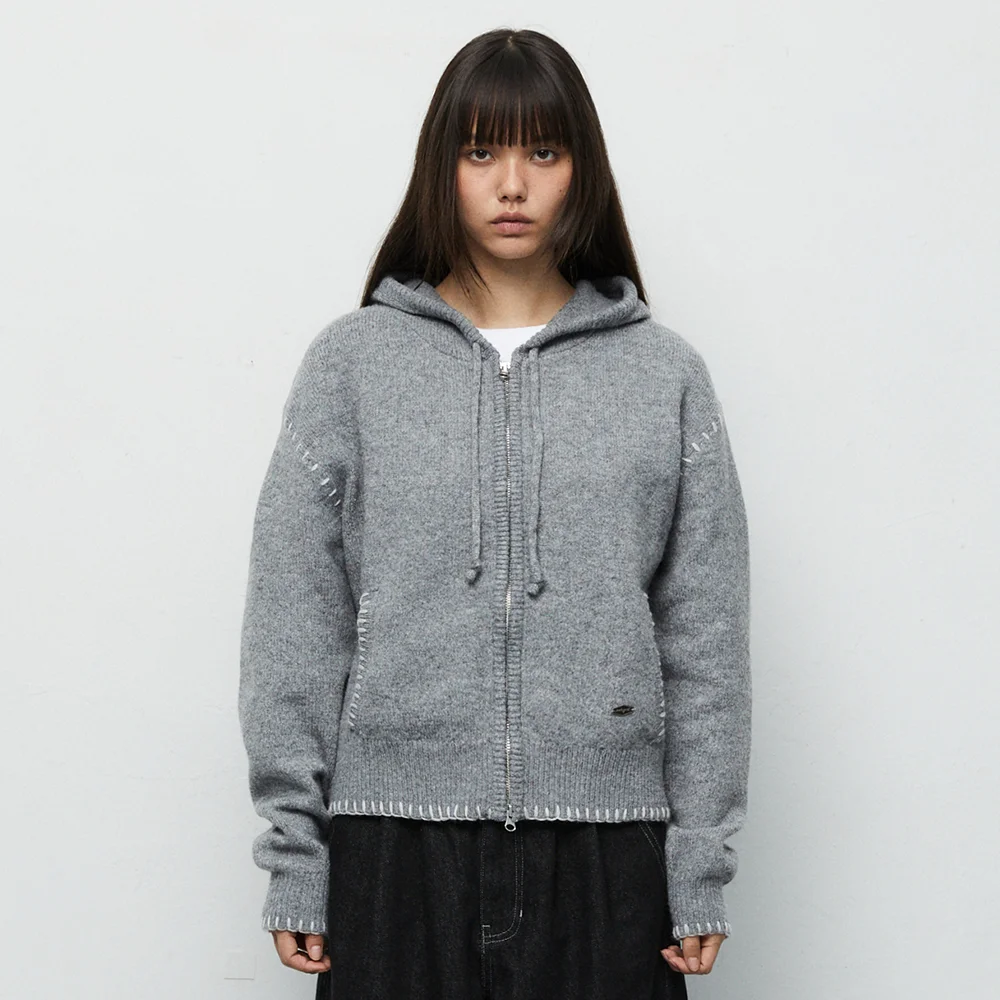 STITCH CROP HOODED ZIP UP KNIT