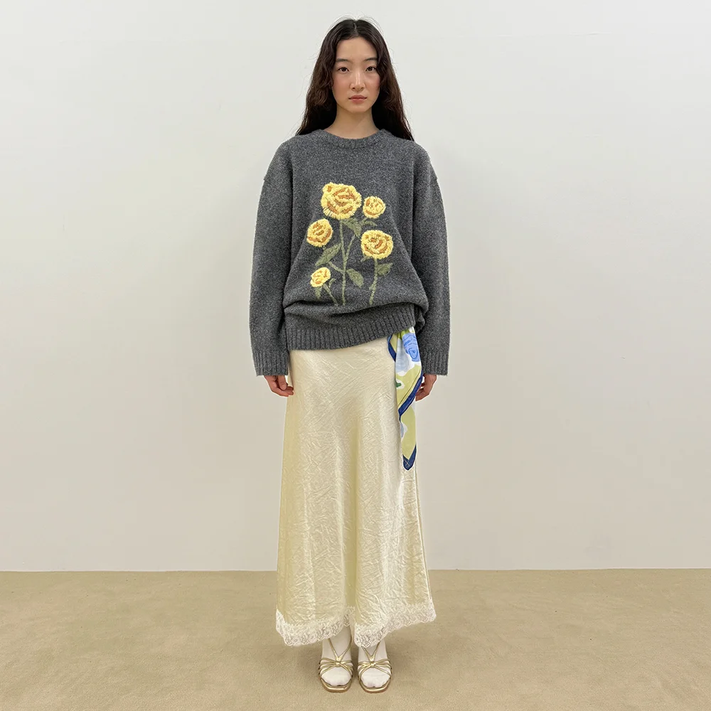 Satin Lace Long Skirt (Cream)