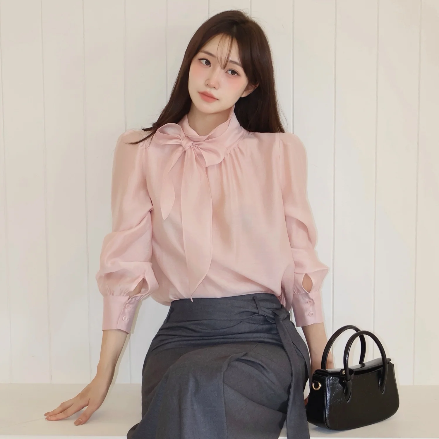 Roll collar Tie Blouse PINK