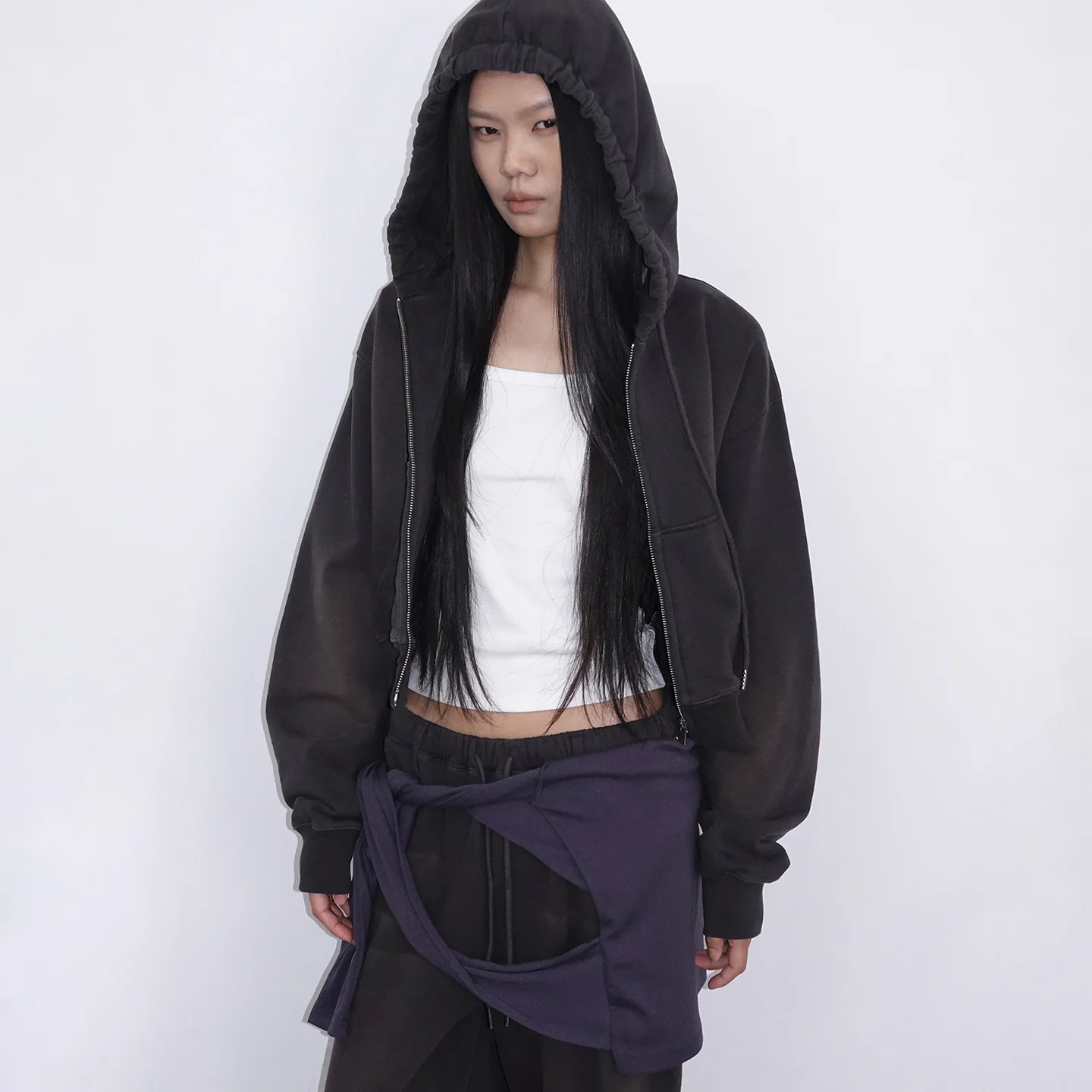 Washed Hooded Zip-up_Charcoal