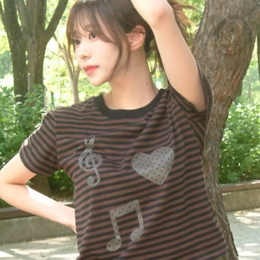 Melody Heart Stripe T-shirt Black-Brown