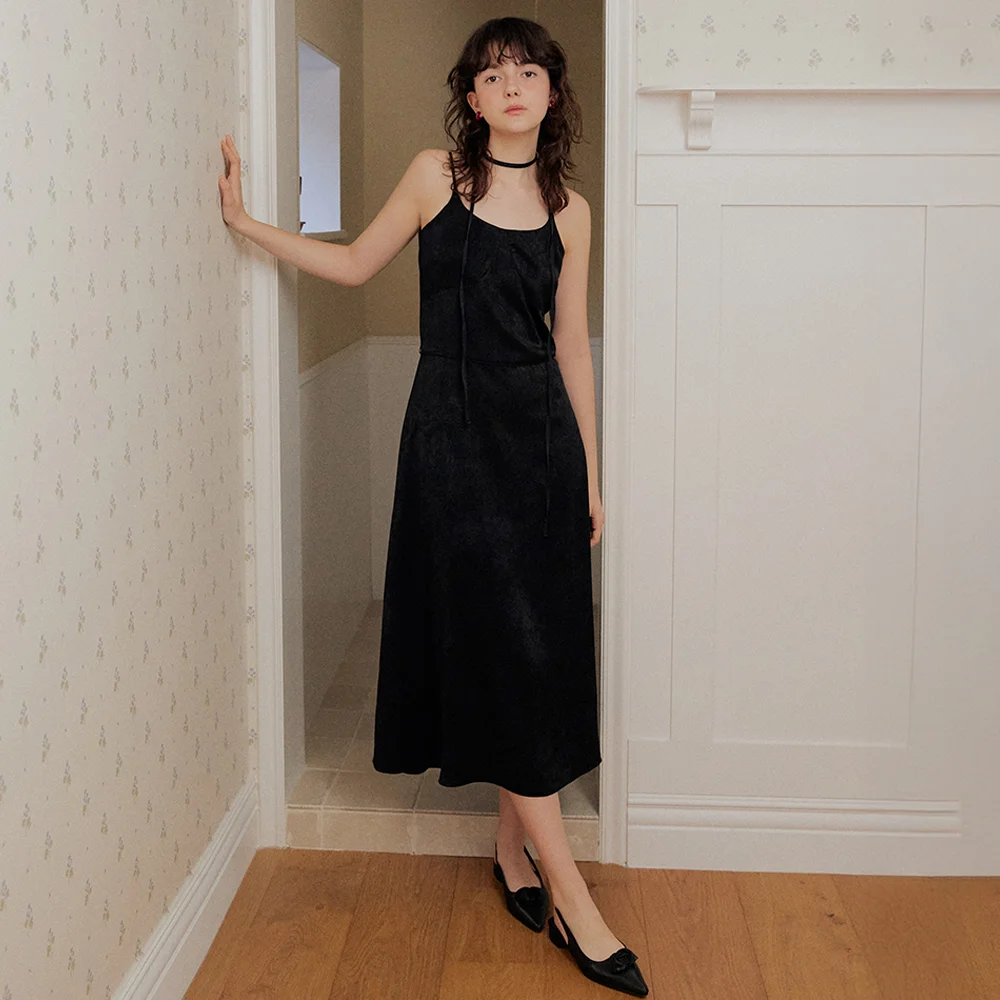 Jacquard rope belt long dress - black
