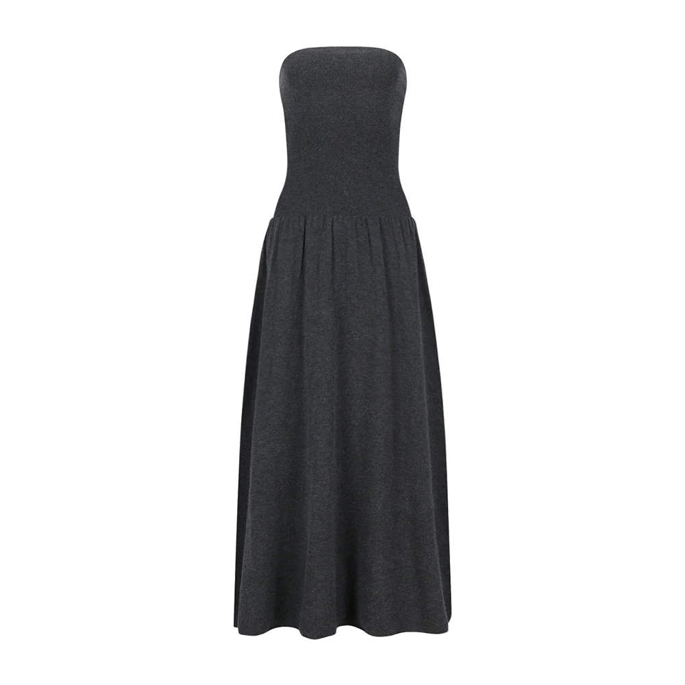 Ribbed shirring knit maxi dress, Charcoal