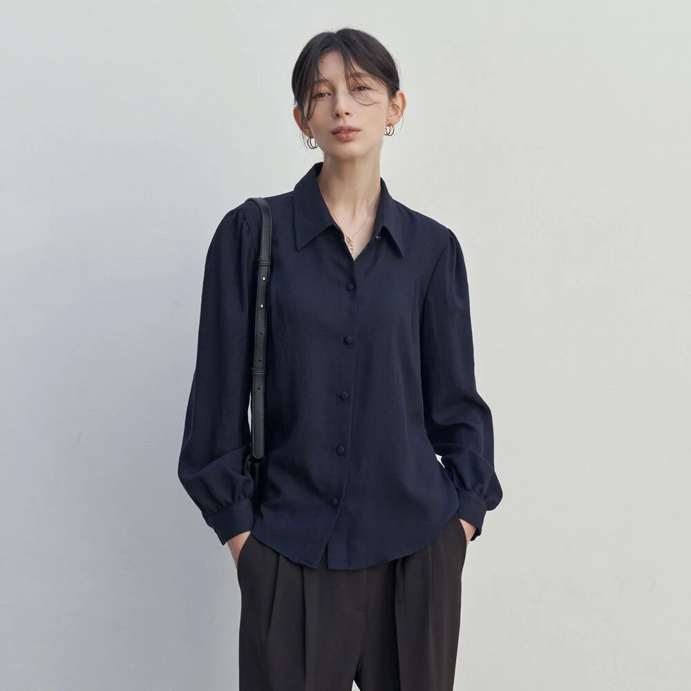 PUFF SHIRRING LONG SLEEVE BLOUSE_NAVY