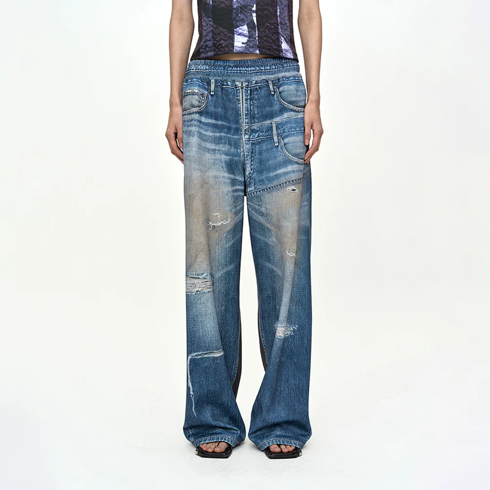 DENIM & CARGO TROMPE LOEIL MESH PANTS apa922u(MID BLUE/KHAKI)