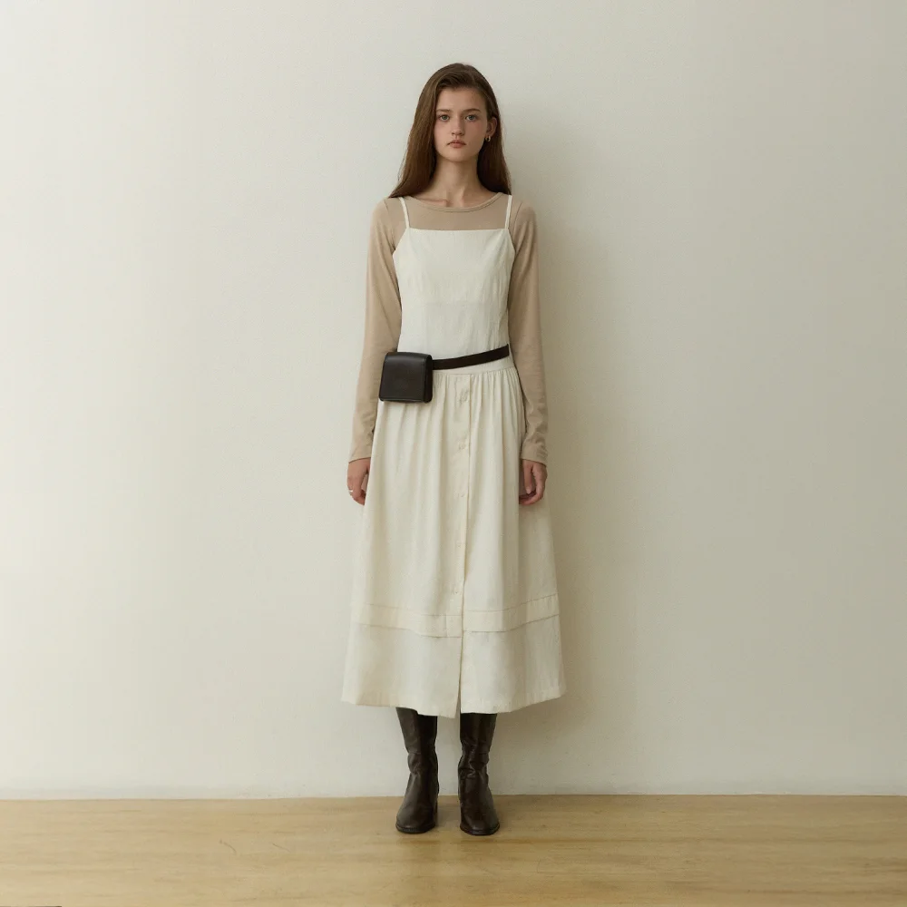 Thin line raw rise button long dress - white