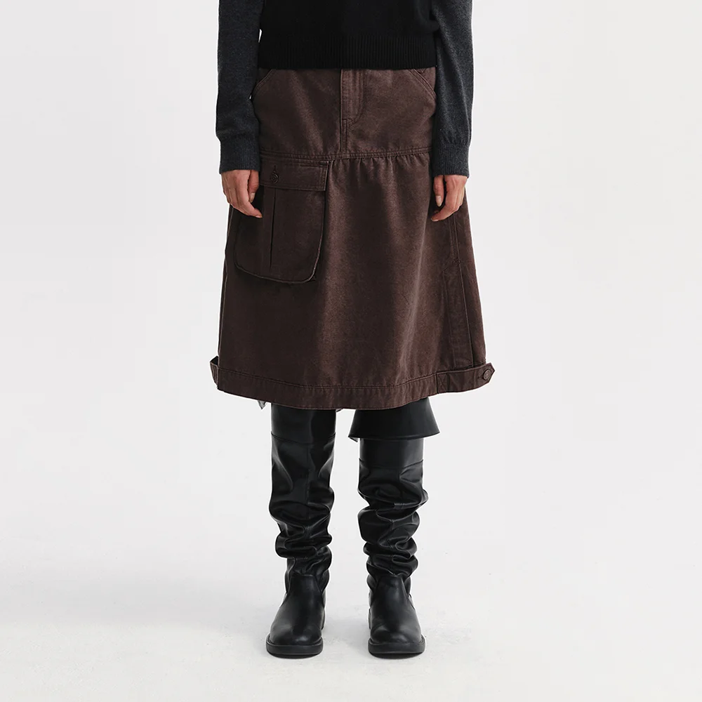 VINTAGE POCKET MIDI SKIRT IN BROWN
