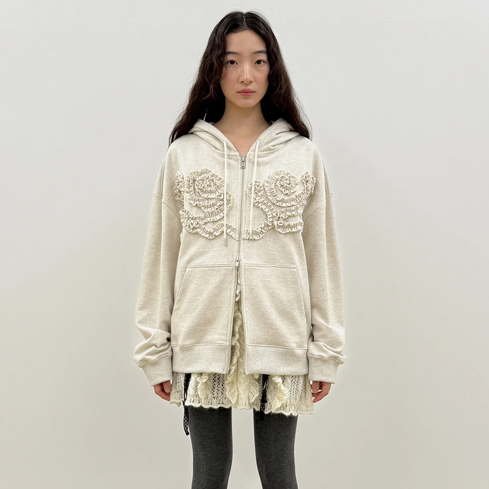 Rose Frill Oversized-Fit Hooded Zip-Up (Oatmeal)