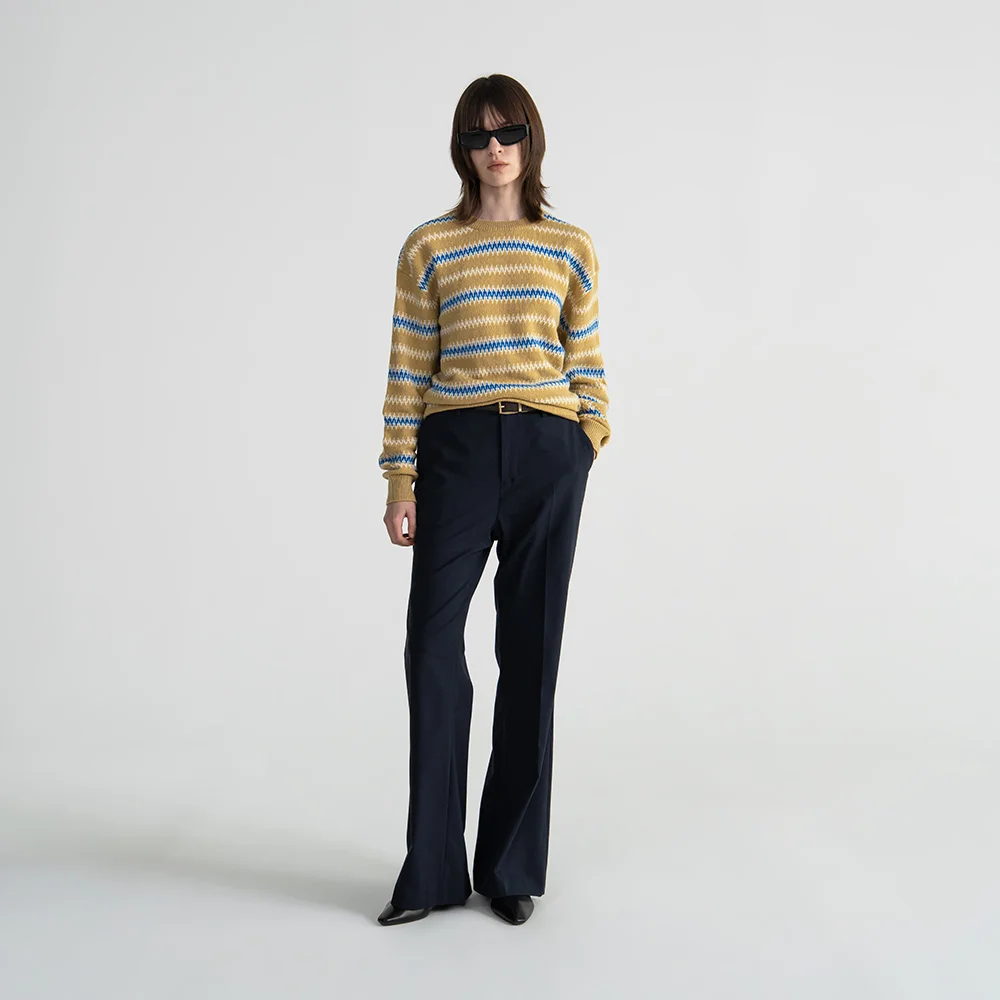 (W) JAPANESE PINSTRIPED FLARED PANTS - NAVY