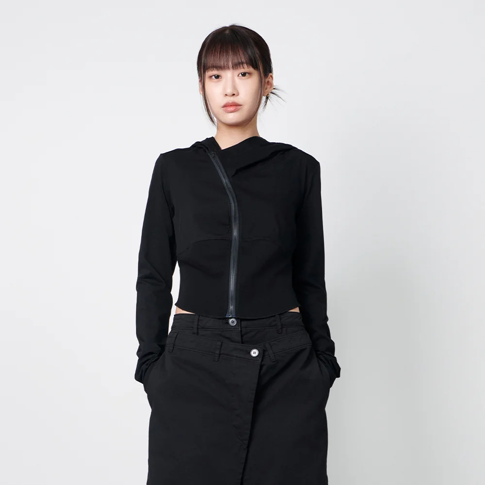 WOMENS CURVED HOODED COTTON ZIP JACKET (LIGHT FABRIC) BLACK