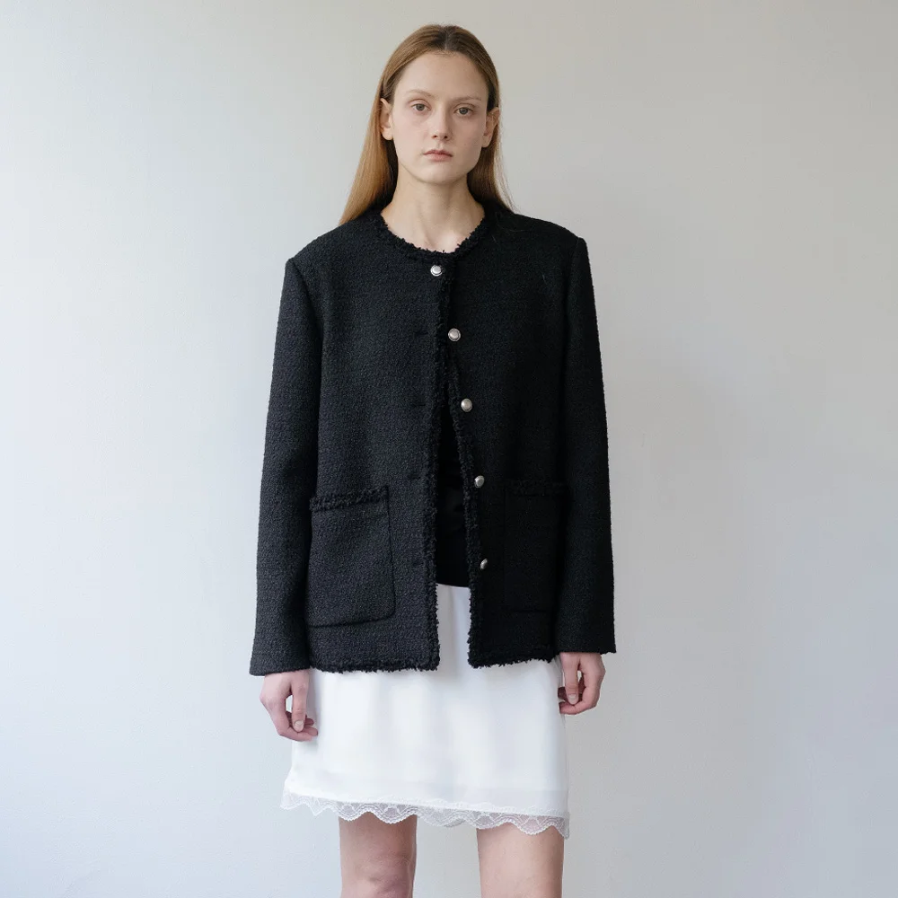 Fringe trimming tweed jacket _Black