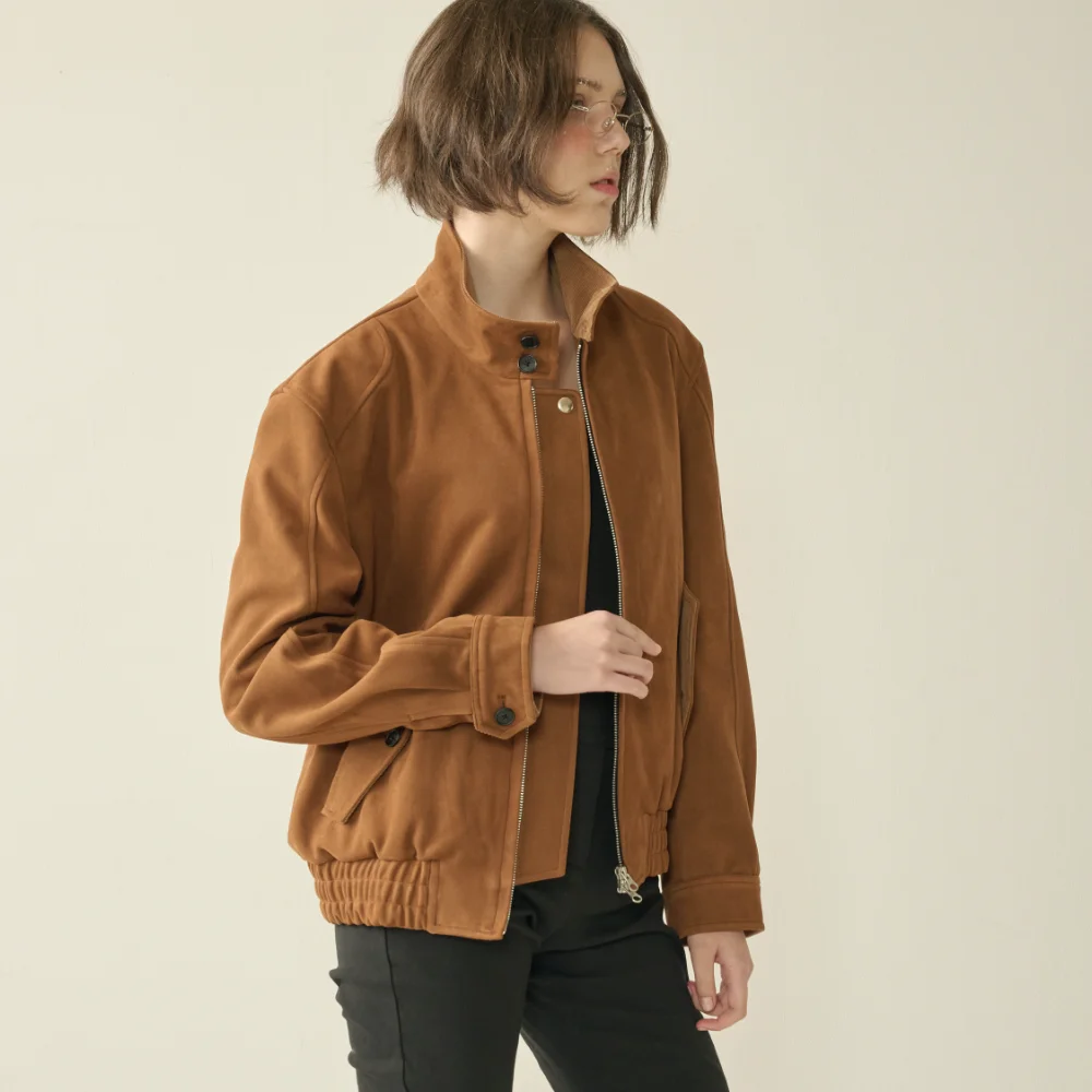 Suede High Neck Jacket_Camel_W