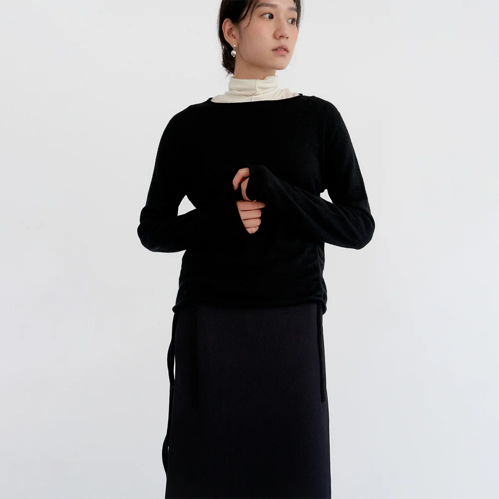 Shirring Boat-Neck Pullover_Glossy Black