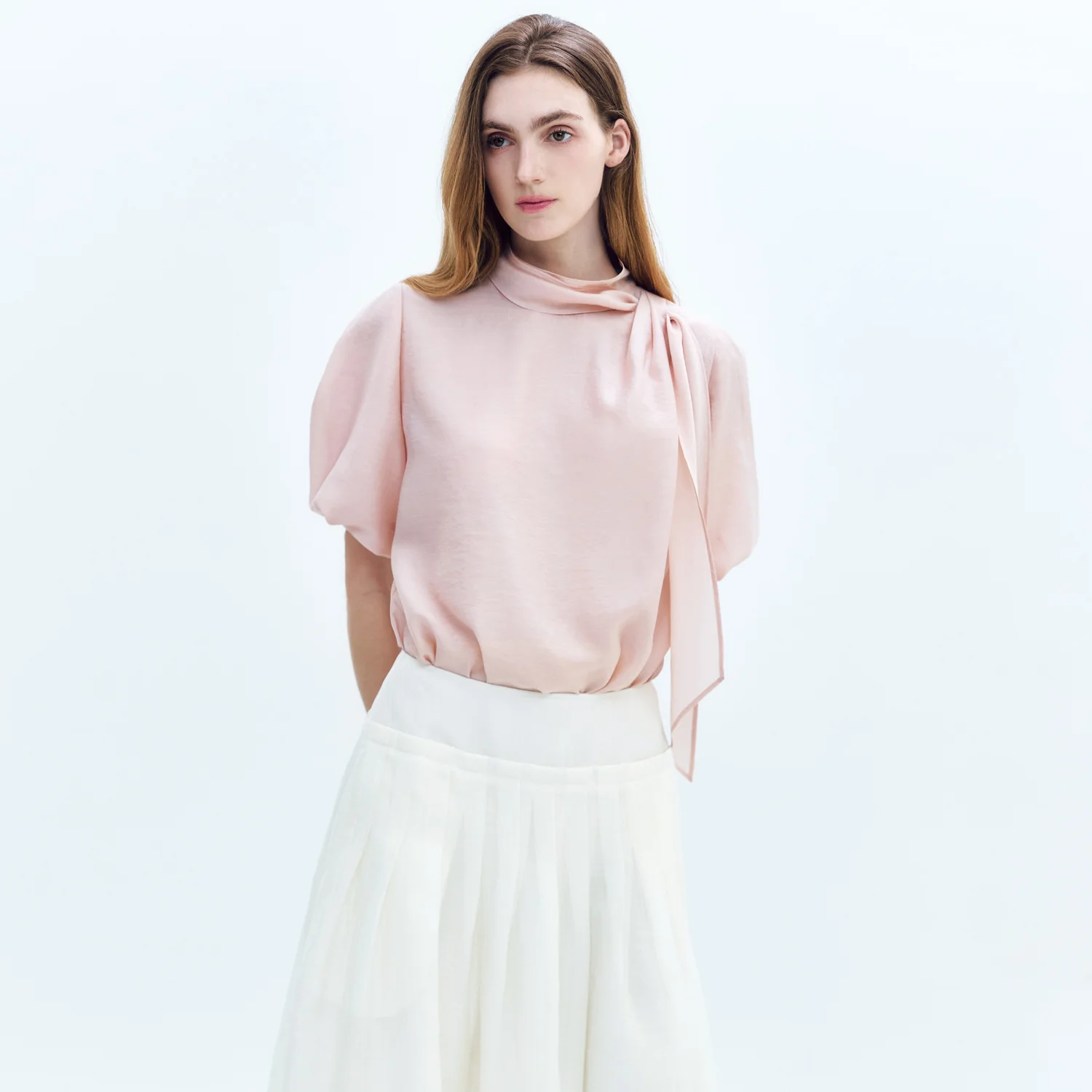 Scarf-neck Volumed-short-SLV Blouse CORAL
