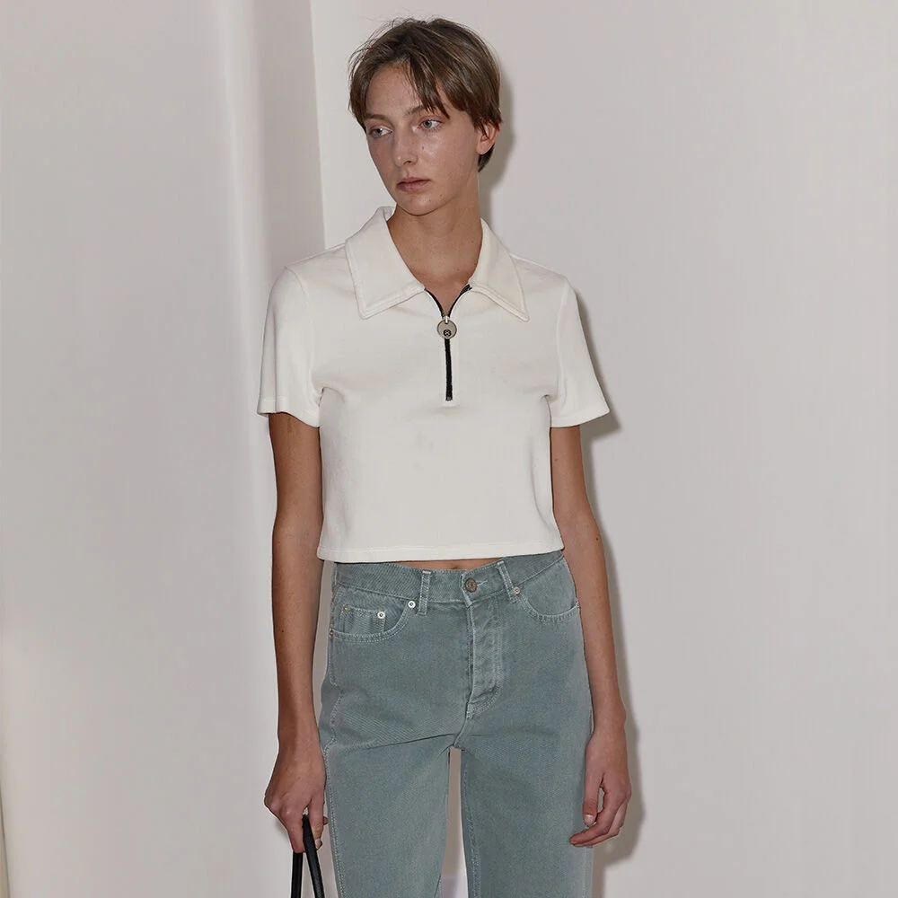 VELOUR ZIP-UP POLO TOP - IVORY