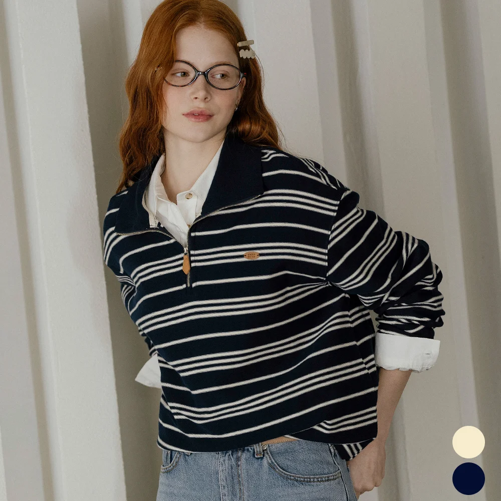 High-neck zip up stripe T-shirt_