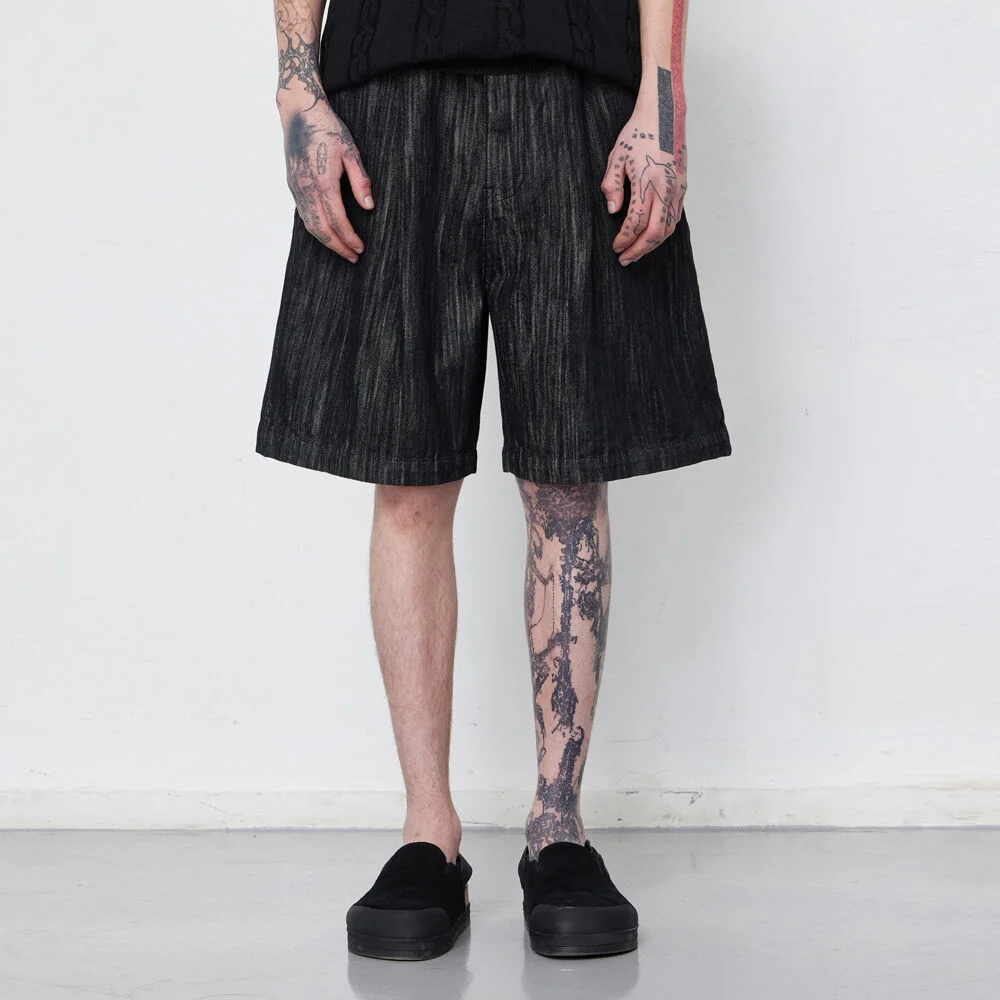 Slub 水洗 單褶 牛仔 短褲 (BLACK)