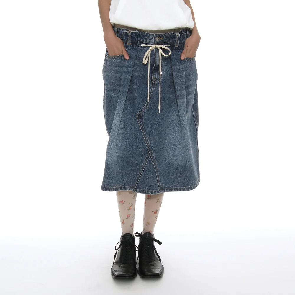 DRAWSTRING DENIM MIDI SKIRT_MID BLUE