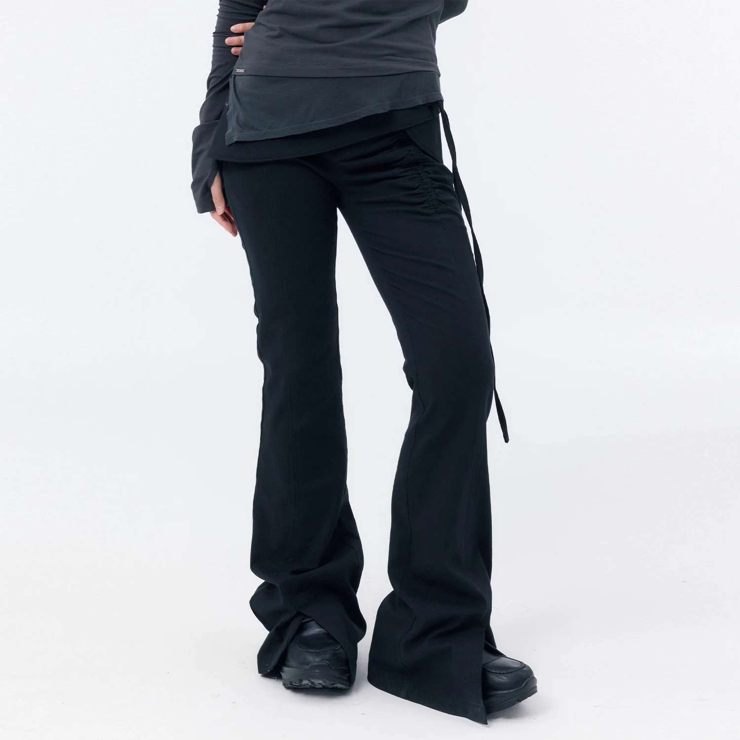 Side shirring string mini skirt pants set BLACK