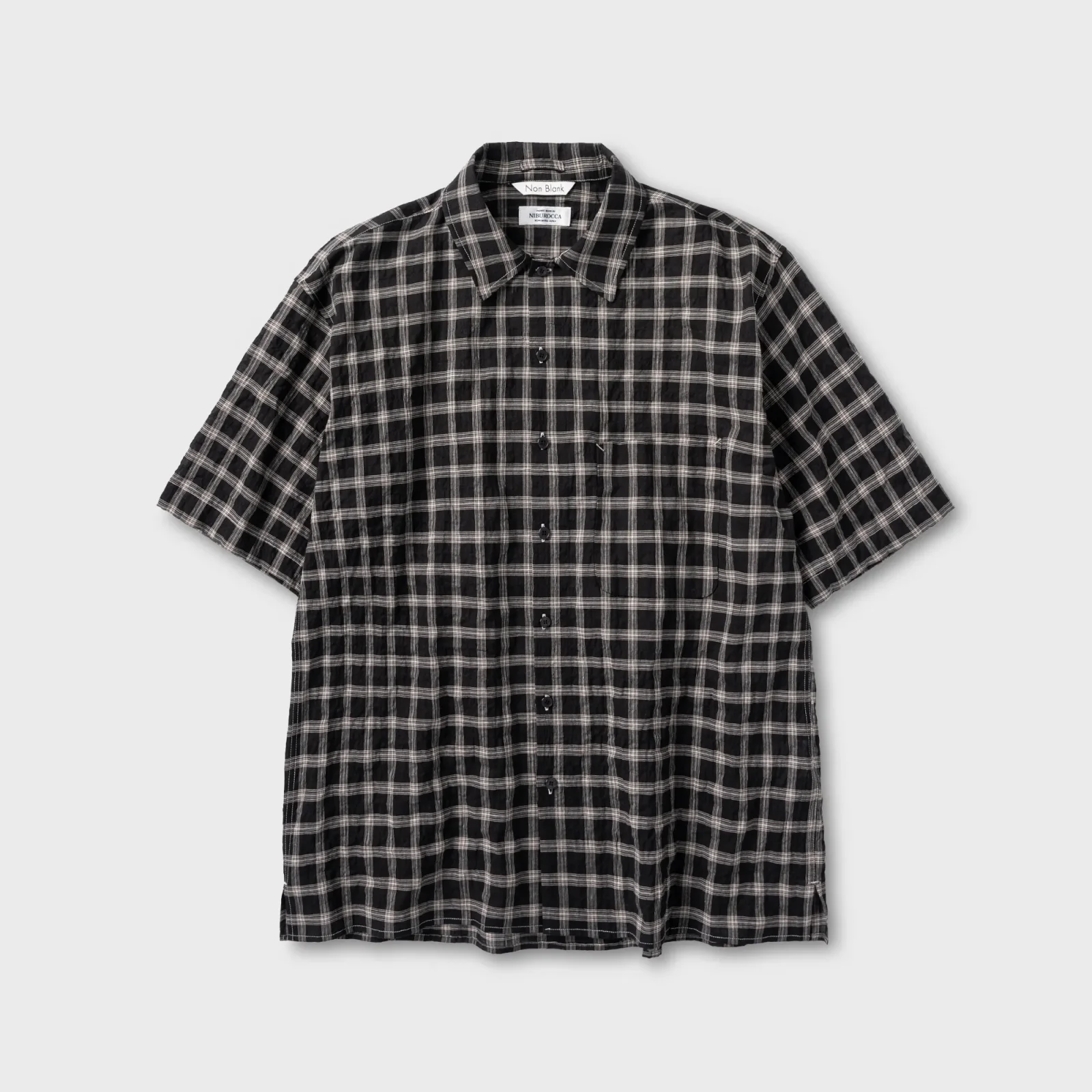 皺褶 格紋 半 衣袖 襯衫_BLACK